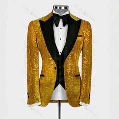 Gold Sequin Three Piece Peaked Lapel Prom Suit