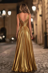Suzhoufashion Elegant Gold Metallic Pleated V-Neck A-Line Long Prom Dress With Slit