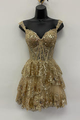 Golden Homecoming Dresses A-Line Tiered Lace Short Cocktail Dresses