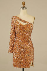 Golden Homecoming Dresses Cut Out Open Back One Shoulder Sequin Prom Dress