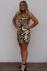 Golden Homecoming Dresses Mirror Short Tight Prom Dress