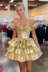 Golden Homecoming Dresses Off The Shoulder Corset Short Cocktail Dresses With Ruffles