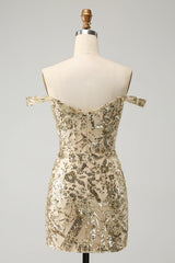 Golden Homecoming Dresses Off The Shoulder Corset Tight Short Cocktail Dresses