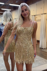Golden Homecoming Dresses Spaghetti Straps Beaded Fringed Tight Short Hoco Dress