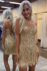Golden Homecoming Dresses Spaghetti Straps Beaded Fringed Tight Short Hoco Dress