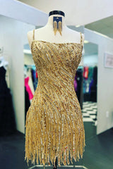 Golden Homecoming Dresses Spaghetti Straps Beaded Fringed Tight Short Hoco Dress