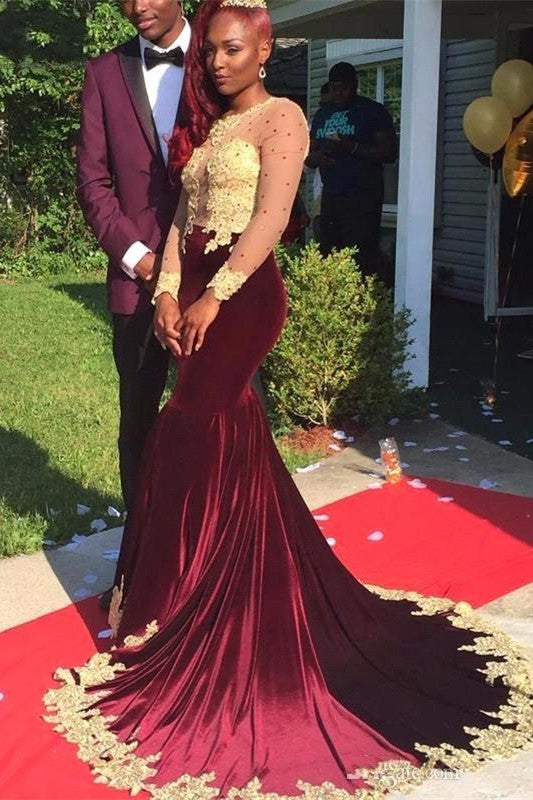 Gorgeous Appliques Burgundy Evening Dresses Long Sleeve Velvet Prom Dress
