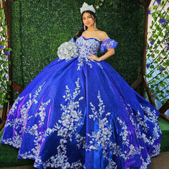 Gorgeous Ball Gown Off Shoulder Floral Lace Appliques Beaded Royal Blue Tulle Quinceanera Dress Princess Evening Party For Sweet 16