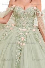 Gorgeous Ball Gown Off Shoulder Sleeveless 3D Flower Appliques Lace Up Light Green Tulle Quinceanera Dress Birthday Party Gown For Sweet 16