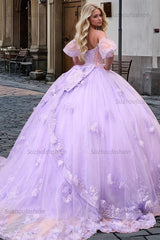Gorgeous Ball Gown Sweetheart Neck Detachable Short Sleeves Beaded Crystal 3D Flower Appliques Purple Tulle Quinceanera Dress Birthday Party Dress For Sweet 16