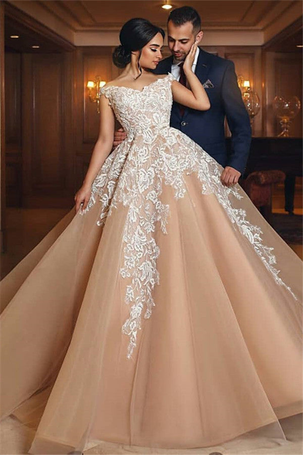 Gorgeous Champagne Appliques Wedding Dresses | A Line Off-the-shoulder Bridal Gowns | Suzhoufashion Gorgeous Champagne Appliques Wedding Dresses | A Line Off-the-shoulder Bridal Gowns | Suzhoufashion
