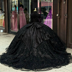 Gorgeous & Classic Ball Gown Off Shoulder Flowers Appliques Beaded Bow Knot Tiered Black Tulle Quinceanera Dress For Sweet 16