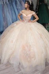 Gorgeous & Glamorous Ball Gown Off Shoulder Applique Flower Beaded Tulle Princess Birthday Party Gown Quinceanera Dress For Sweet 16