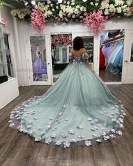 Gorgeous & Glamorous Ball Gown Off Shoulder Puff Sleeves 3D Flowers Lace Appliques Beaded Blue Tulle Quinceanera Dress Formal Evening Gown For Sweet 16