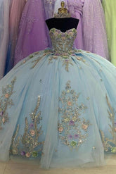 Gorgeous & Glitter Ball Gown Strapless 3D Floral Flowers Lace Applique Bow Knot Light Blue Quinceanera Dress Birthday Party Gown For Sweet 16