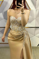 Gorgeous Gold Prom Dress Sweetheart Strapless Sleeveless Pleated Long Split With Beading