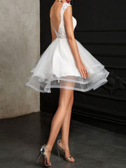 Gorgeous Jewel Sleeveless Lace Ruffles White Short Beach Wedding Dresses