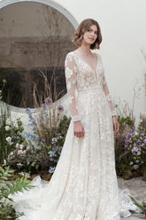 Gorgeous Long A-Line V-neck Lace Bridal Gowns With Long Sleeves