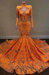 Gorgeous Long Sleeve Orange Mermaid Prom Dress Sequins Lace