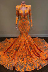 Gorgeous Long Sleeve Orange Mermaid Prom Dress Sequins Lace