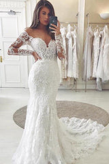 Gorgeous Long Sleeve V-Neck Wedding Dress Mermaid Lace Bridal Gowns