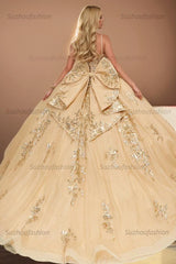 Gorgeous & Luxury Ball Gown Sweetheart Neck Spaghetti Straps Sequins Lace Appliques Bown Knot Gold Tulle Quinceanera Dress Evening Dress For Sweet 16