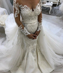 Gorgeous Mermaid Long Sleeves Wedding Dress Lace Tulle Ruffles Bridal Gowns On Sale