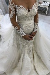 Gorgeous Mermaid Long Sleeves Wedding Dress Lace Tulle Ruffles Bridal Gowns On Sale