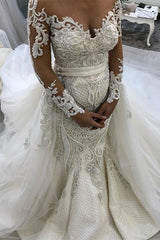 Gorgeous Mermaid Long Sleeves Wedding Dress Lace Tulle Ruffles Bridal Gowns On Sale