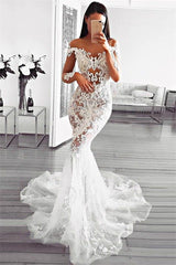 Gorgeous Mermaid Off Shoulder Beach Wedding Dresses | Long Sleeves Appliques Sheer Bridal Gowns
