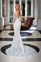 Gorgeous Mermaid V-Neck Lace Backless Appliques Bridal Dresses With Long Sleeves