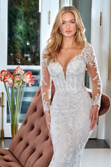 Gorgeous Mermaid V-Neck Lace Backless Appliques Bridal Dresses With Long Sleeves