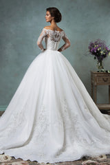 Gorgeous Off the Shoulder Detachable Train Wedding Dresses Long Sleeve Lace Bride Dress