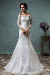 Gorgeous Off the Shoulder Detachable Train Wedding Dresses Long Sleeve Lace Bride Dress