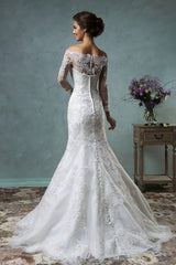 Gorgeous Off the Shoulder Detachable Train Wedding Dresses Long Sleeve Lace Bride Dress