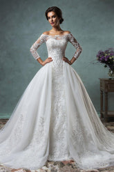 Gorgeous Off the Shoulder Detachable Train Wedding Dresses Long Sleeve Lace Bride Dress