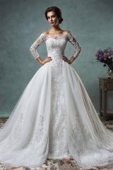 Gorgeous Off the Shoulder Detachable Train Wedding Dresses Long Sleeve Lace Bride Dress