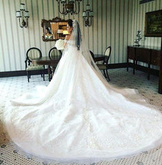 Gorgeous Off the Shoulder Princess Dress Latest Chapel Train Lace Wedding Dresses