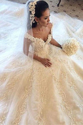 Gorgeous Off the Shoulder Princess Dress Latest Chapel Train Lace Wedding Dresses