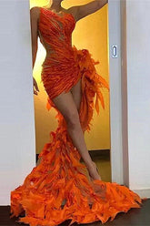 Gorgeous Orange Mermaid Prom Dress Sleeveless Long SLit With Ruffle