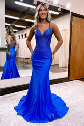 Gorgeous Royal Blue Prom Dress Long Mermaid Spaghetti-Straps V-Neck