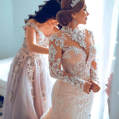 Gorgeous Sheer Tulle Lace Appliques Wedding Dresses | High Neck Long Sleeve Bridal Gowns with Court Train