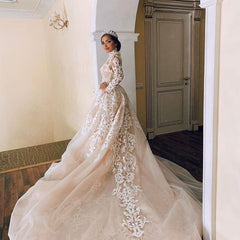 Gorgeous Sheer Tulle Lace Appliques Wedding Dresses | High Neck Long Sleeve Bridal Gowns with Court Train
