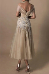 Gorgeous Short Long Off-the-Shoulder Beadings Beach Bridal Dress With Lace