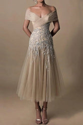 Gorgeous Short Long Off-the-Shoulder Beadings Beach Bridal Dress With Lace