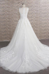Gorgeous Sleeveless Jewel Tulle Wedding Dress | A-line Ruufles Lace Bridal Gowns With Appliques