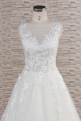 Gorgeous Sleeveless Jewel Tulle Wedding Dress | A-line Ruufles Lace Bridal Gowns With Appliques
