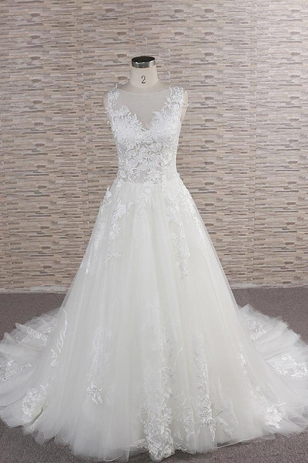 Gorgeous Sleeveless Jewel Tulle Wedding Dress | A-line Ruufles Lace Bridal Gowns With Appliques