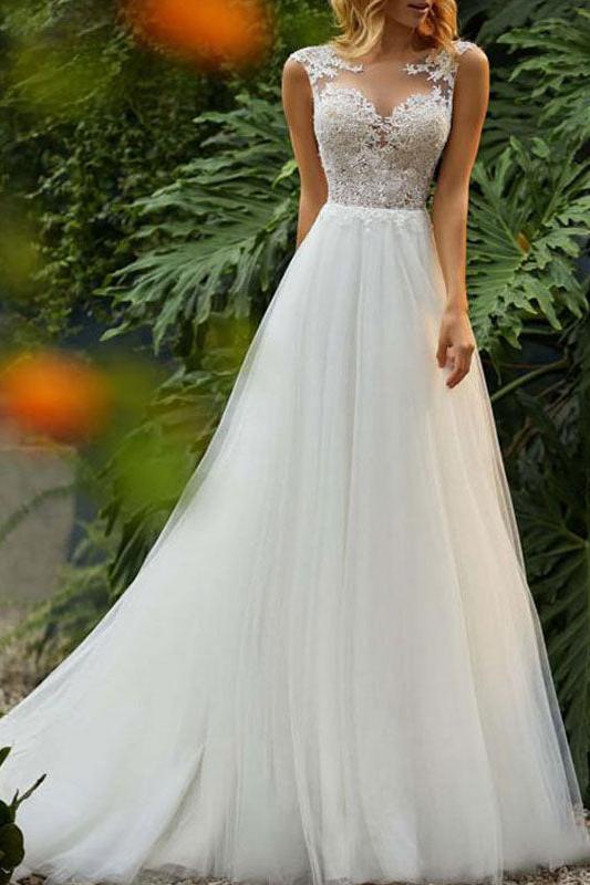 Gorgeous Sleeveless Tulle A-Line Ruffles Beach Wedding Dresses With Lace