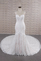 Gorgeous Spaghetti Straps Mermaid Wedding Dress | With Appliques Ivory Sleeveless Bridal Gowns